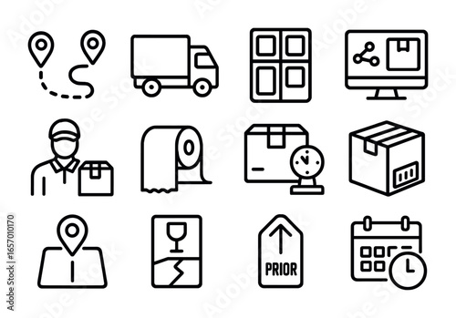 Logistics Icon Set. Outline icon set of logistics and delivery printing: shipping route, delivery truck, label