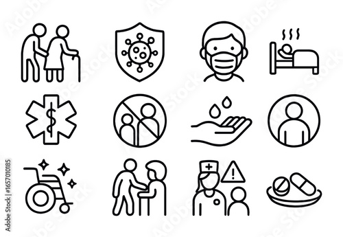 Vulnerable Care Icons. Outline icon set of protecting vulnerable populations: elderly care icon, immune system