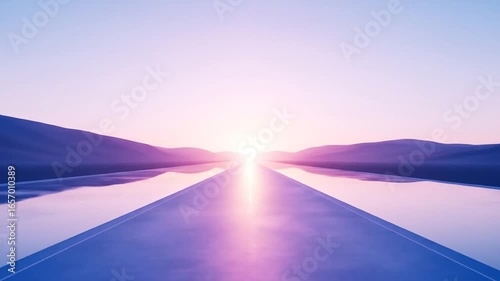 Abstract road leading to the horizon with mountains and water reflections scenery