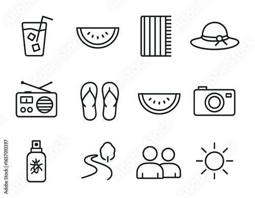Summer Picnic Icons. Outline icon set of summer weekend picnic: cold drink, fruit slice, beach towel, summer