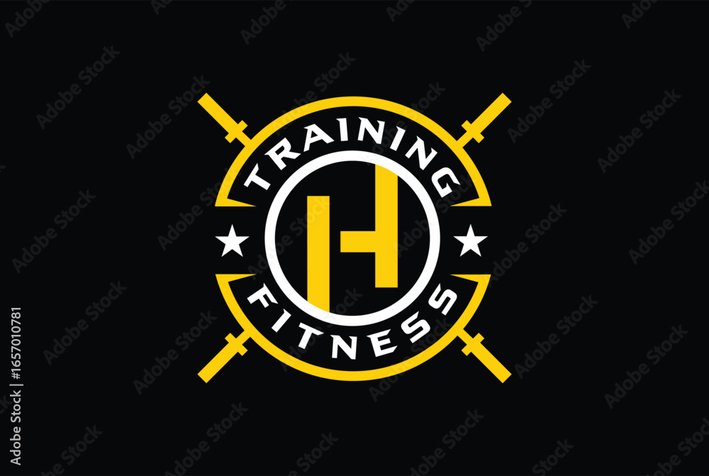 Fototapeta premium H Fitness Training Logo vector with cross rod and circle.