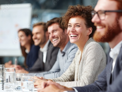 Group of professionals smiling and laughing during a business meeting