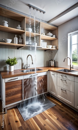 Wallpaper Mural A kitchen sink overflowing with water, causing a leak and flooding the floor, highlighting a plumbing problem and potential home damage Torontodigital.ca