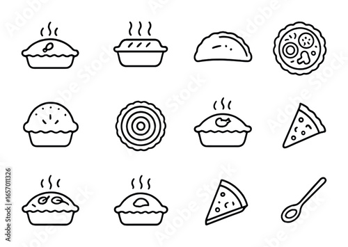 Savory Pie Icons. Outline icon set of savory pies: chicken pot pie, shepherd’s pie, meat hand pie, vegetable