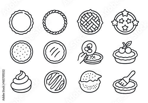 Pie Decoration Icons. Outline icon set of pie decoration techniques: crimped edge, braided crust, lattice