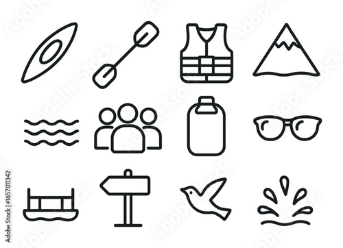 Kayaking Icon Set. Outline icon set of kayaking on a mountain lake: kayak, paddle, life vest, mountain peak,