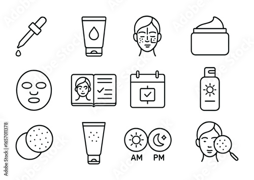 Skincare Routine Icons. Outline icon set of personalized skincare routines: serum dropper, face cleanser, skin