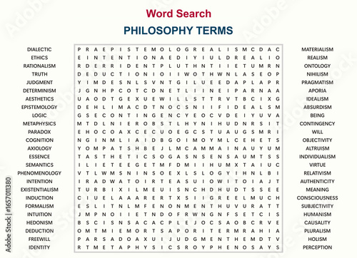 Word search puzzle game (Word finding game). Fun puzzle of philosophy terms.