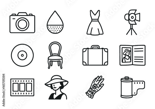 Vintage Fashion Icons Set. Outline icon set of vintage fashion photography: analog camera, sepia filter,