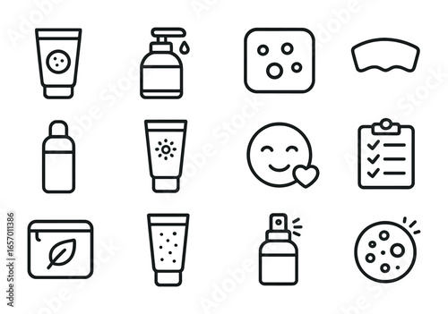 Teen Skincare Icons. Outline icon set of skincare for teens: acne cream, face wash, blemish patch, pore strip,