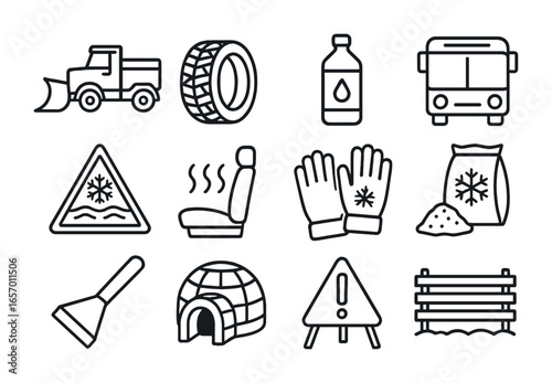 Winter Transit Icons. Outline icon set of snow-resilient transit: snowplow, snow tires, de-icing fluid, winter