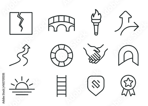 Icons of Resilience. Outline icon set of overcoming hardship: cracked wall, bridge, torchlight, recovery path,