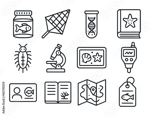 Deep Ocean Biology Icons. Outline icon set of deep ocean biology studies: specimen jar, biological net, ocean