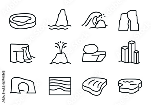 Coastal Rock Icons. Outline icon set of coastal rock formations: tide pool, sea stack, wave-splashed rock,
