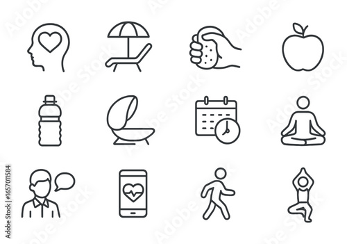 Burnout Prevention Icons. Outline icon set of burnout prevention: mental wellness icon, break zone, stress
