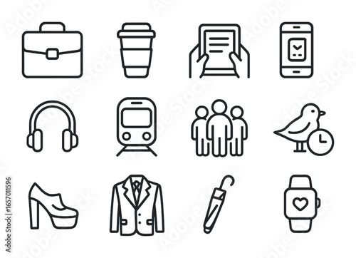 Commuter Lifestyle Icons. Outline icon set of commuter lifestyle: briefcase icon, coffee cup, tablet reading,