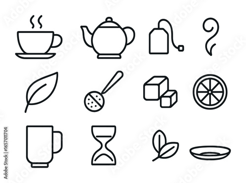Tea Icon Set. Outline icon set of drinking tea: tea cup, teapot, tea bag, steam swirl, tea leaf, tea infuser,