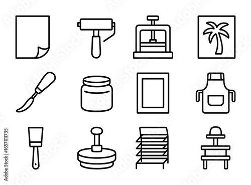 Summer Printmaking Icons. Outline icon set of summer printmaking: linoleum sheet, ink roller, block press,
