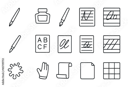 Calligraphy Tools Icons. Outline icon set of calligraphy and lettering: dip pen, ink bottle, brush pen,