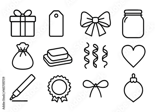Festive Gift Icons. Outline icon set of festive DIY gifts: wrapped box, name tag, hand-tied bow, mason jar,