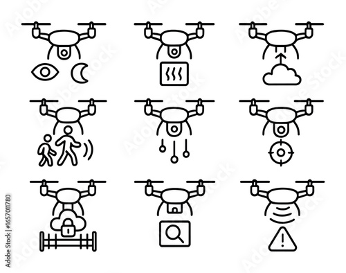 Surveillance Drone Icons. Outline icon set of surveillance drones: night vision, thermal camera, high altitude
