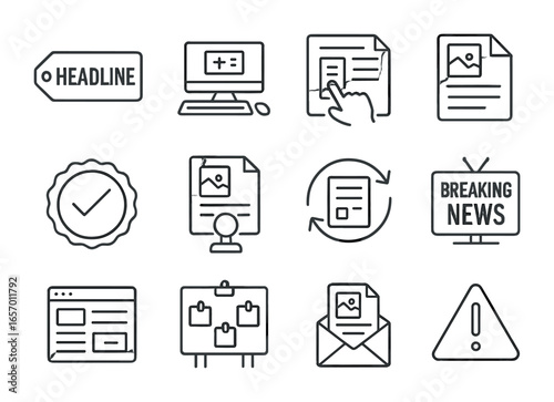 News Production Icons. Outline icon set of news production: headline tag, editing station, article draft, fact