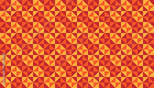 A repeating triangular geometric design with a warm blend of orange, red, and yellow. The motif forms a pinwheel effect, creating a dynamic, bright, and energetic look