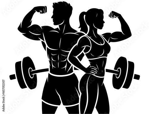 Fitness couple workout bodybuilding gym training strong muscular body