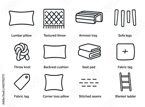 Sofa Accessories Icons. Outline icon set of modern sofa accessories: lumbar pillow, textured throw, armrest