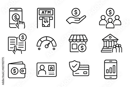 Financial Inclusion Icons. Outline icon set of financial inclusion: mobile banking, ATM access, microloan,