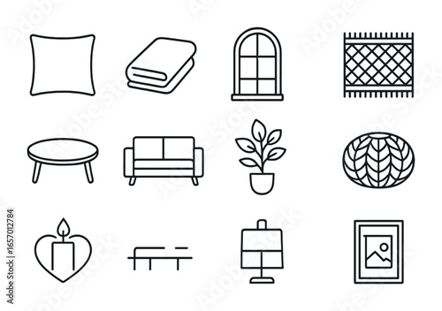 Scandinavian Design Icons. Outline icon set of Scandinavian interior accents: simple pillow, clean throw,