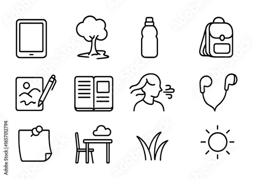 Study Break Icons. Outline icon set of student study breaks: tablet, tree shadow, water bottle, school bag,