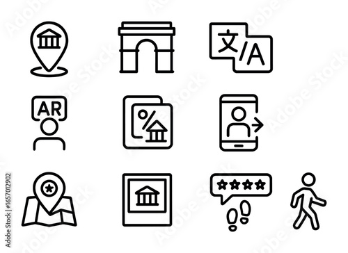 City Exploration Icons. Outline icon set of AR for city exploration: landmark pin, monument icon, translation