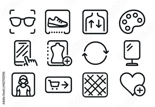 Augmented Fashion Icons. Outline icon set of augmented fashion try-on: sunglasses preview, shoe fit, size