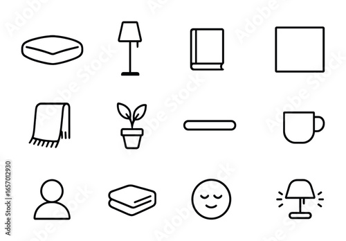Minimalist Reading Icons. Outline icon set of minimalist reading corner: floor cushion, lamp stand, single