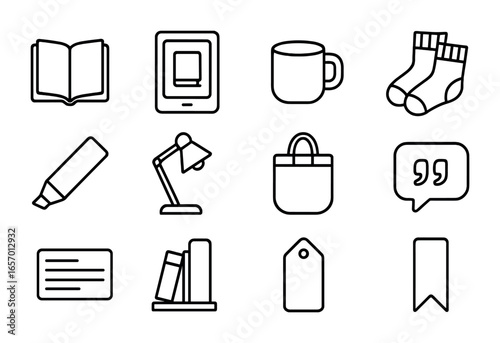 Book Lover's Essentials. Outline icon set of book lover's essentials: hardcover book, tablet reader, coffee