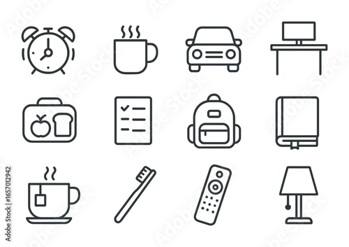 Daily Routine Icons. Outline icon set of daily routines: morning alarm, coffee mug, commute car, standing desk