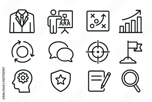 Executive Coaching Icons. Outline icon set of executive coaching: suit icon, leadership chart, strategy board,