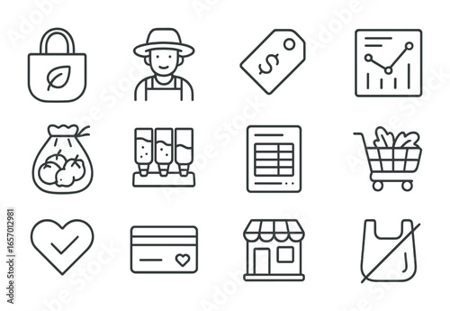 Conscious Shopping Icons. Outline icon set of conscious grocery shopping: eco bag, farmer icon, price tag,