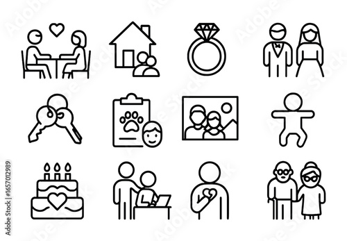 Relationship Milestones Icons. Outline icon set of relationship milestones: first date, moving in, engagement
