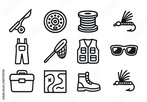 Fly Fishing Essentials. Outline icon set of fly fishing essentials: fly rod, reel, fishing line, artificial