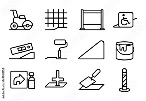 Curbside Upgrade Icons. Outline icon set of curbside upgrades and repairs: curb cutter, rebar grid, formwork