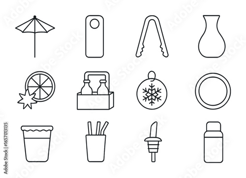 Festive Beverage Icons. Outline icon set of festive beverage accessories: cocktail umbrella, glass tag, ice