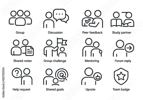 E-Learning Icon Set. Outline icon set of peer-to-peer e-learning features: group icon, discussion bubble, peer