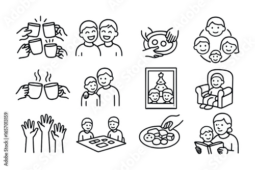 Family Christmas Icons. Outline icon set of family gathering and Christmas tea: group mug toast, laughter icon