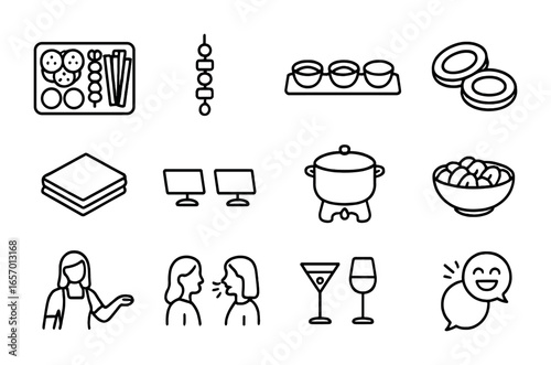 Party Cooking Icons. Outline icon set of cooking for parties: appetizer tray, food skewer, dipping station,