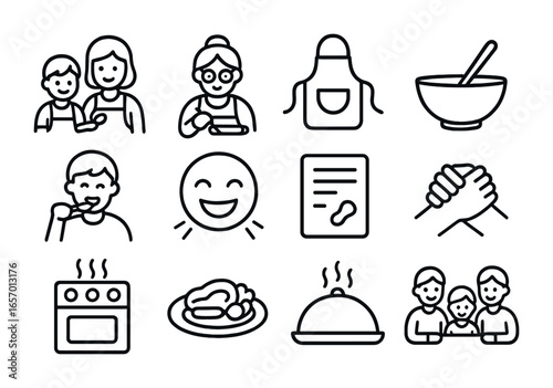 Family Cooking Icons. Outline icon set of cooking with family: child helper, grandma cooking, shared apron,