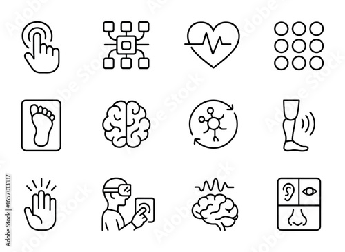Sensory Feedback Icons. Outline icon set of sensory neural feedback: touch sensor, haptic matrix, emotion