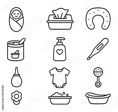 Infant Care Icons. Outline icon set of infant care essentials: swaddle blanket, baby wipes, nursing pillow,