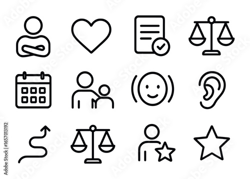 Parenting and Education Icons. Outline icon set of parenting styles: authoritative figure, nurturing heart,